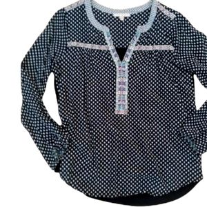 Skies Are Blue Large Black & Blue Long Sleeve Boho Blouse